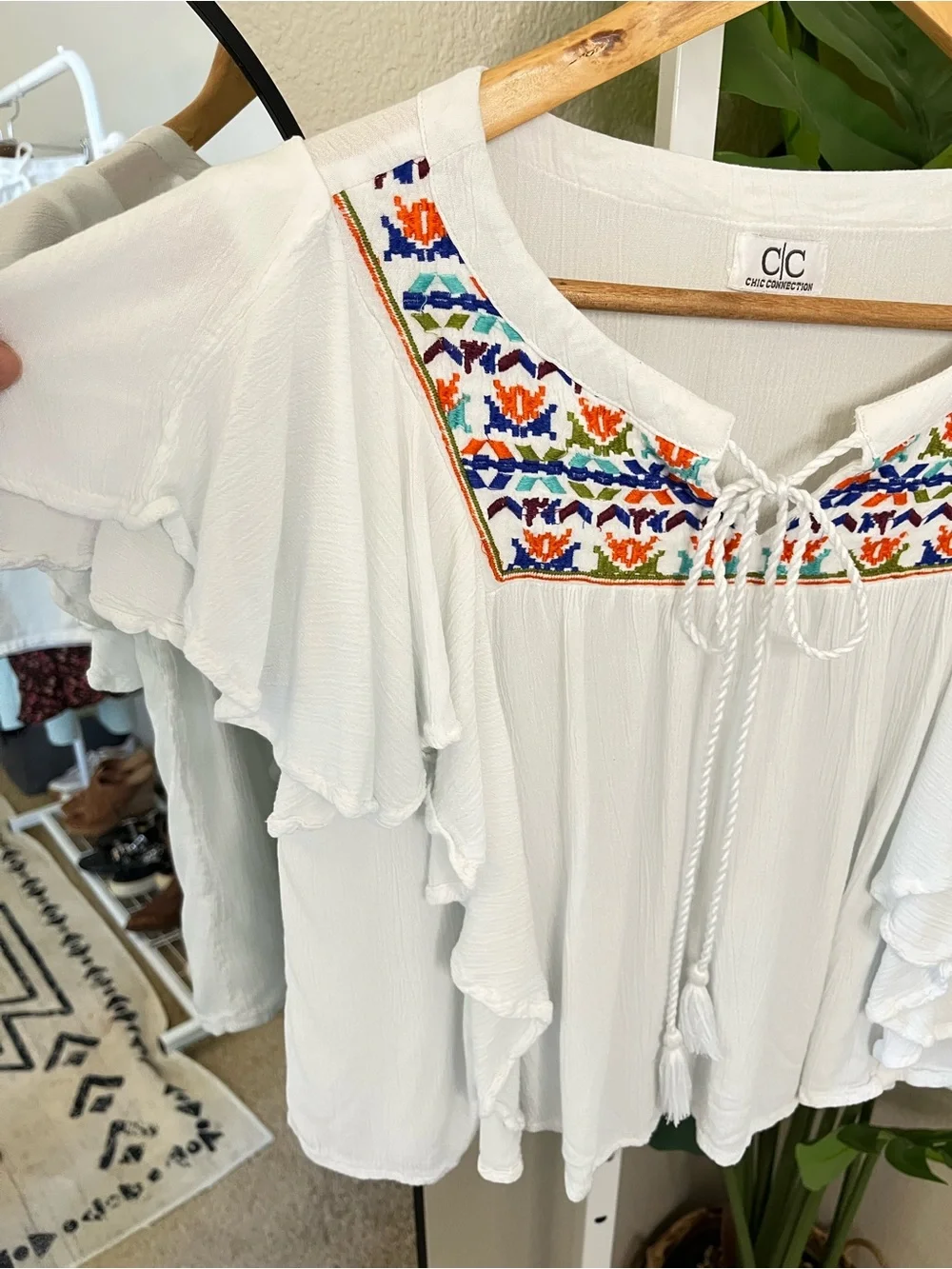 White Boho Embroidered Ruffle Blouse - Picture 5 of 6